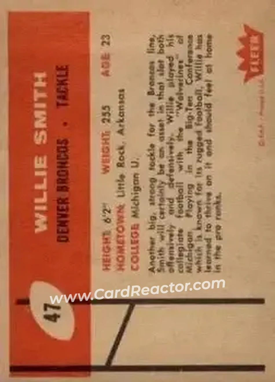 1960 Fleer #47 - Willie Smith - Denver Broncos - Back