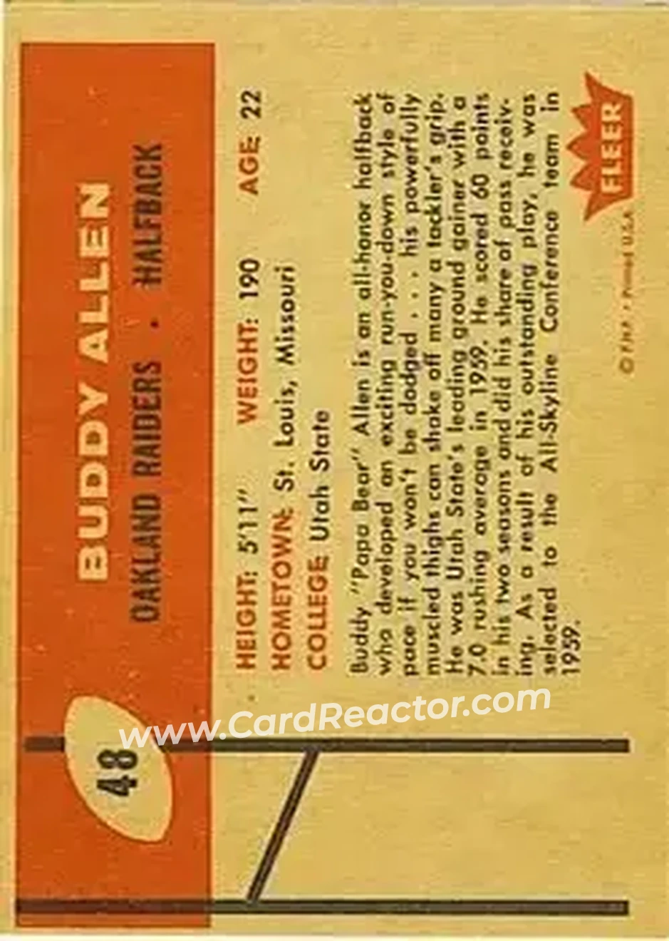 1960 Fleer #48 - Buddy Allen - Oakland Raiders - Back