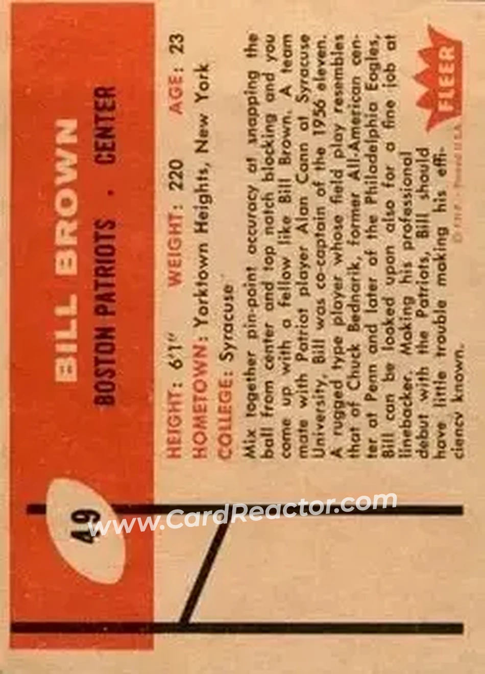 1960 Fleer #49 - Bill Brown - Boston Patriots - Back