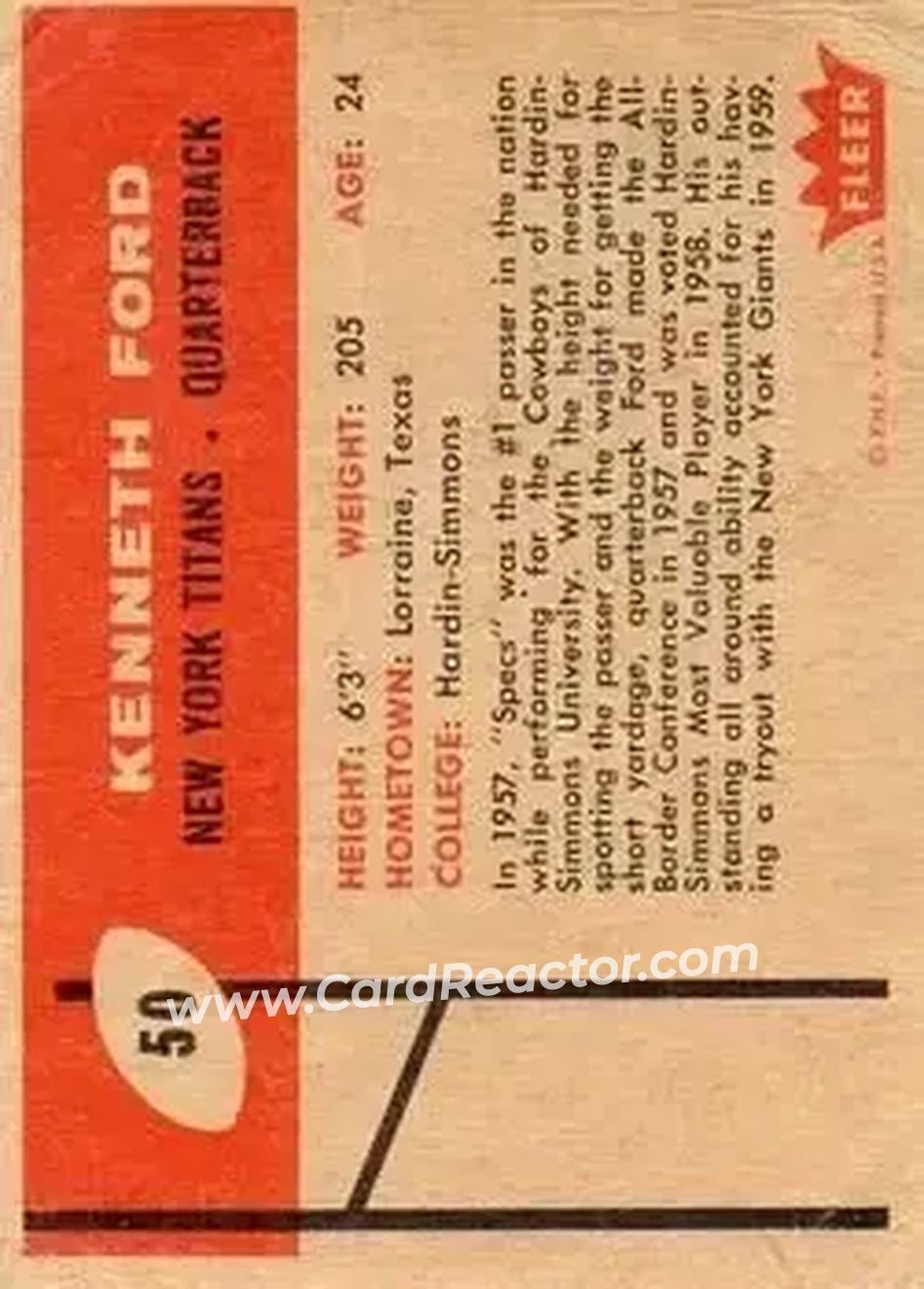 1960 Fleer #50 - Kenneth Ford - New York Titans - Back