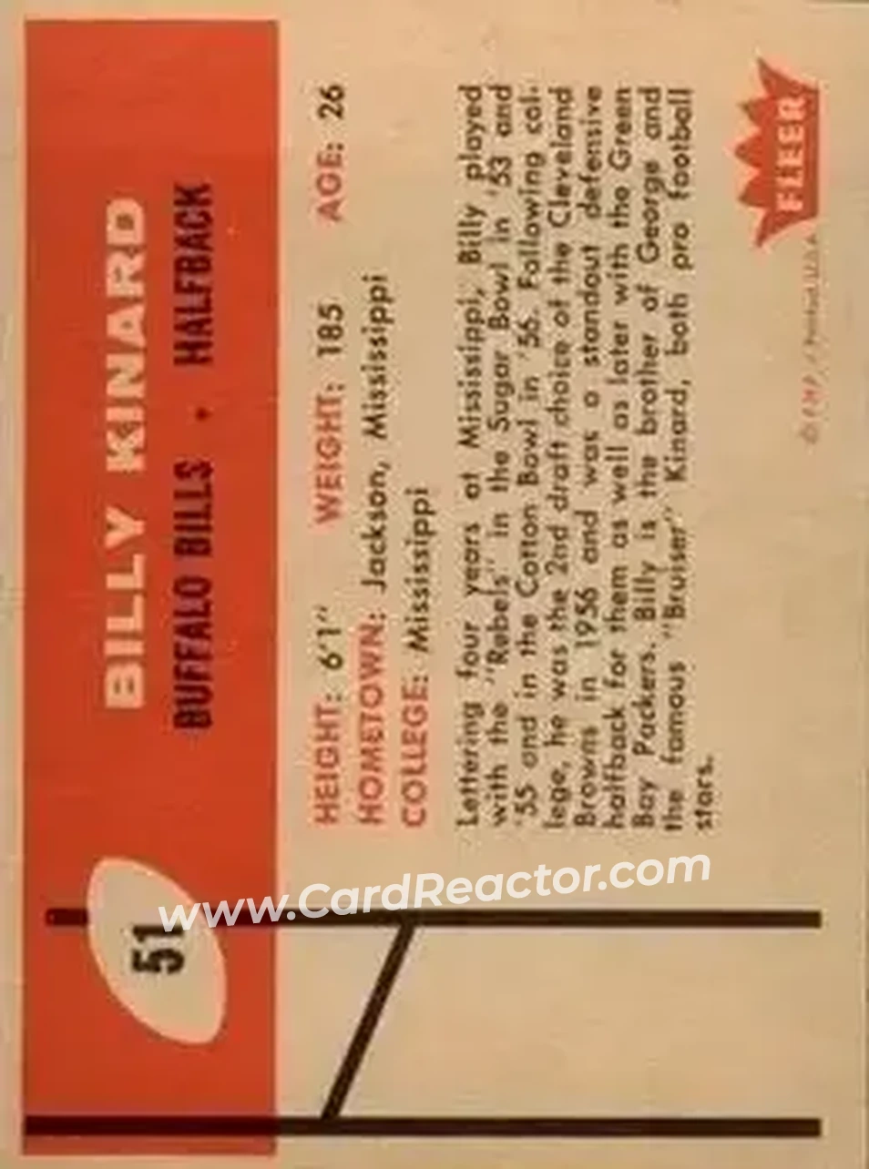 1960 Fleer #51 - Billy Kinard - Buffalo Bills - Back