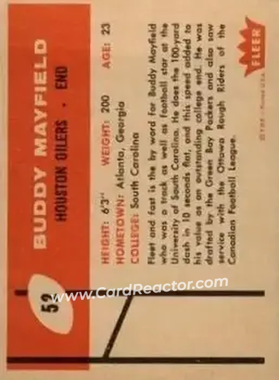 1960 Fleer #52 - Buddy Mayfield - Houston Oilers - Back