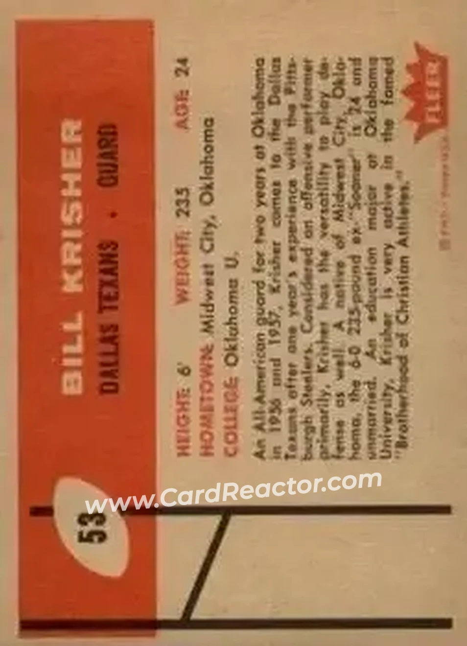 1960 Fleer #53 - Bill Krisher - Dallas Texans - Back