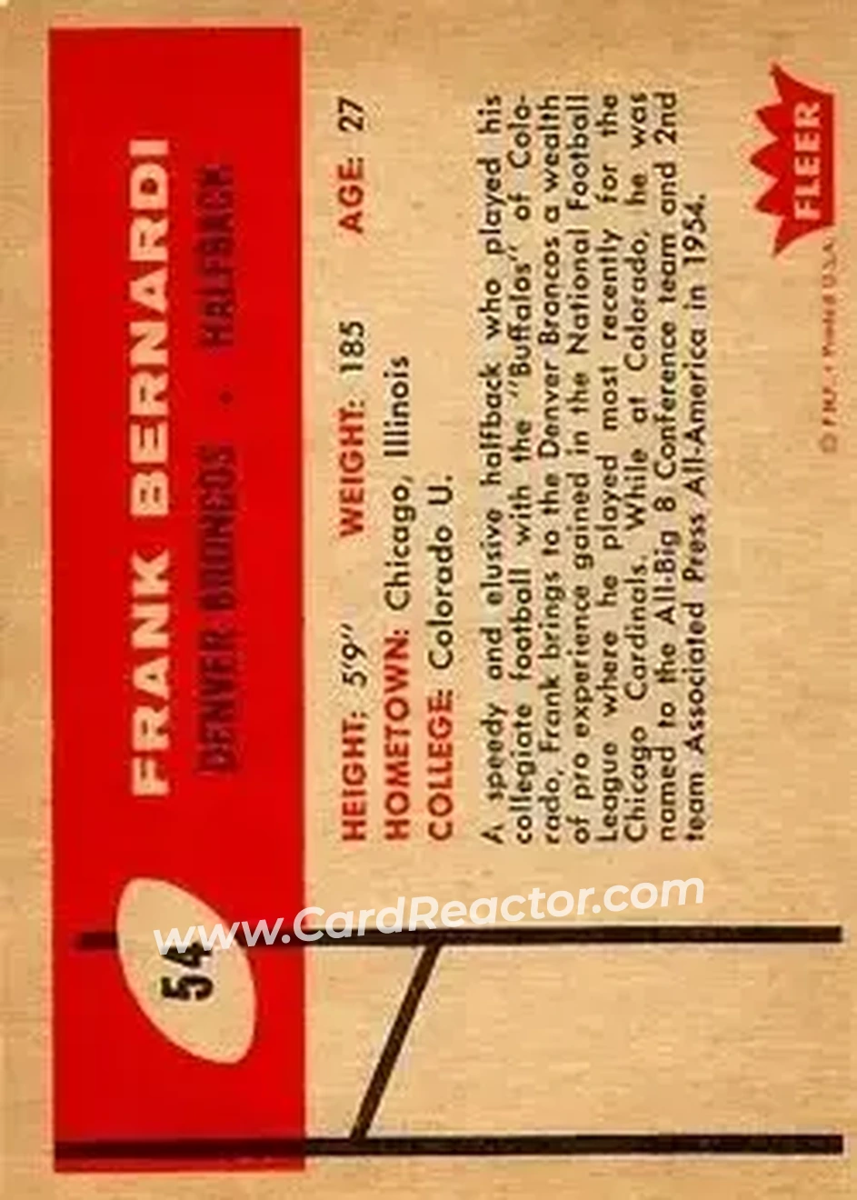 1960 Fleer #54 - Frank Bernardi - Denver Broncos - Back