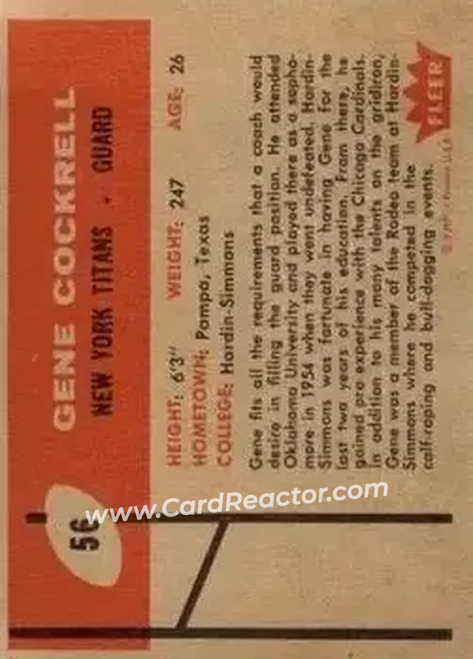 1960 Fleer #56 - Gene Cockrell - New York Titans - Back