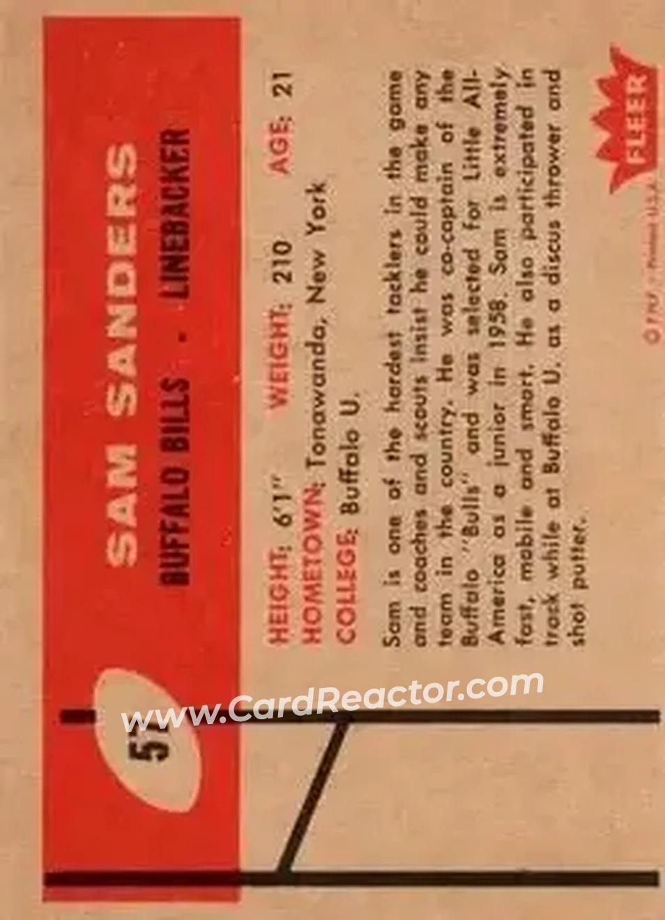 1960 Fleer #57 - Sam Sanders - Buffalo Bills - Back