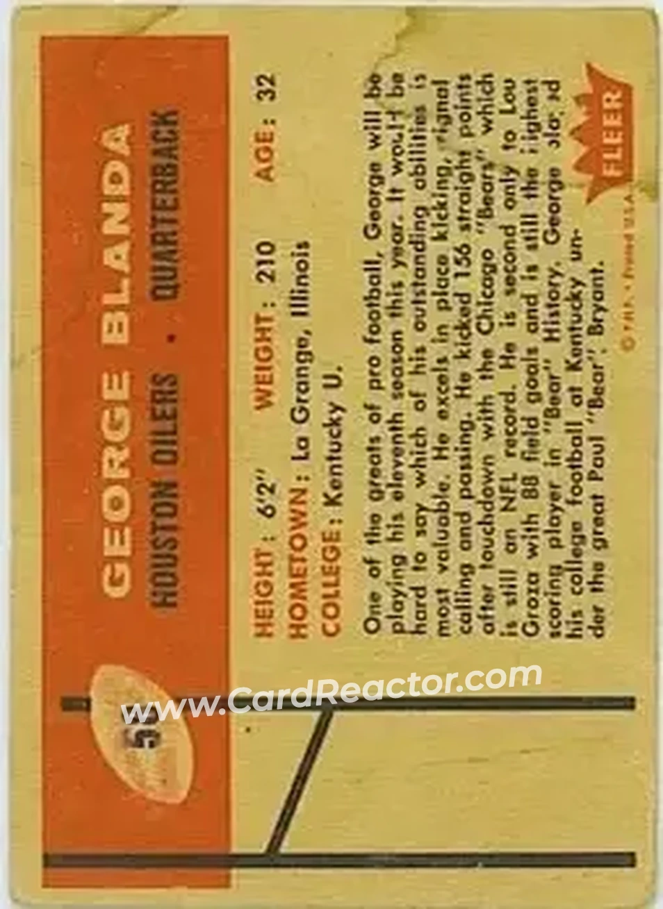 1960 Fleer #58 - George Blanda - Houston Oilers - Back
