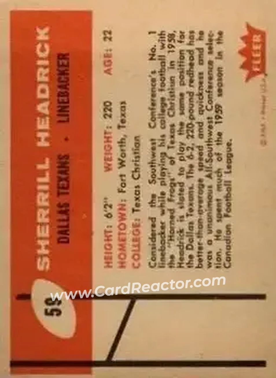 1960 Fleer #59 - Sherrill Headrick - Dallas Texans - Back