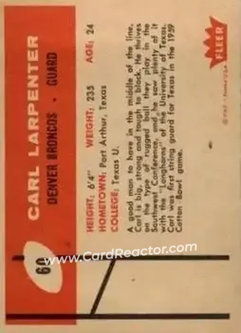 1960 Fleer #60 - Carl Larpenter - Denver Broncos - Back