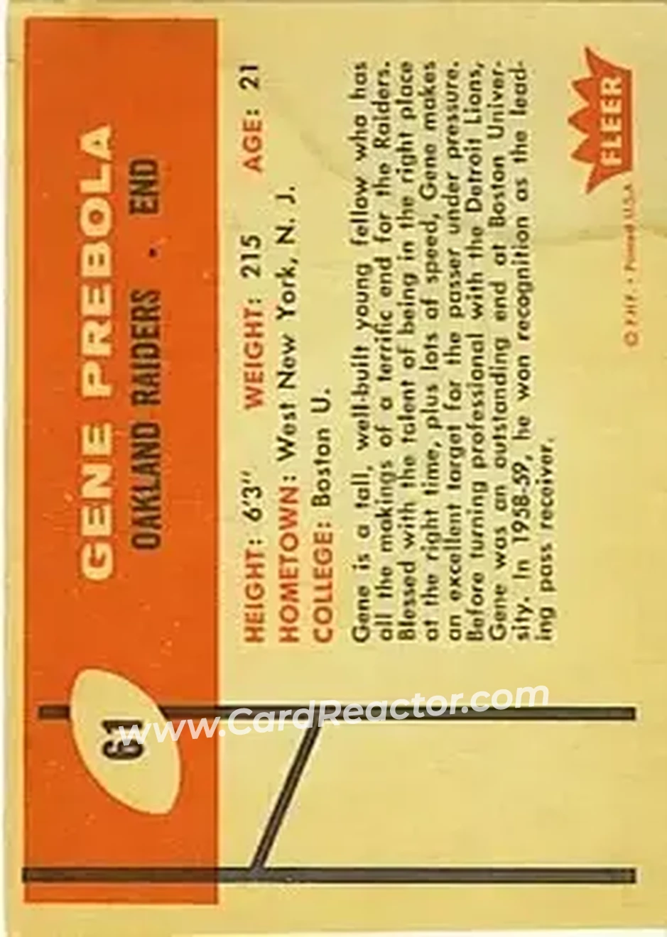 1960 Fleer #61 - Gene Prebola - Oakland Raiders - Back