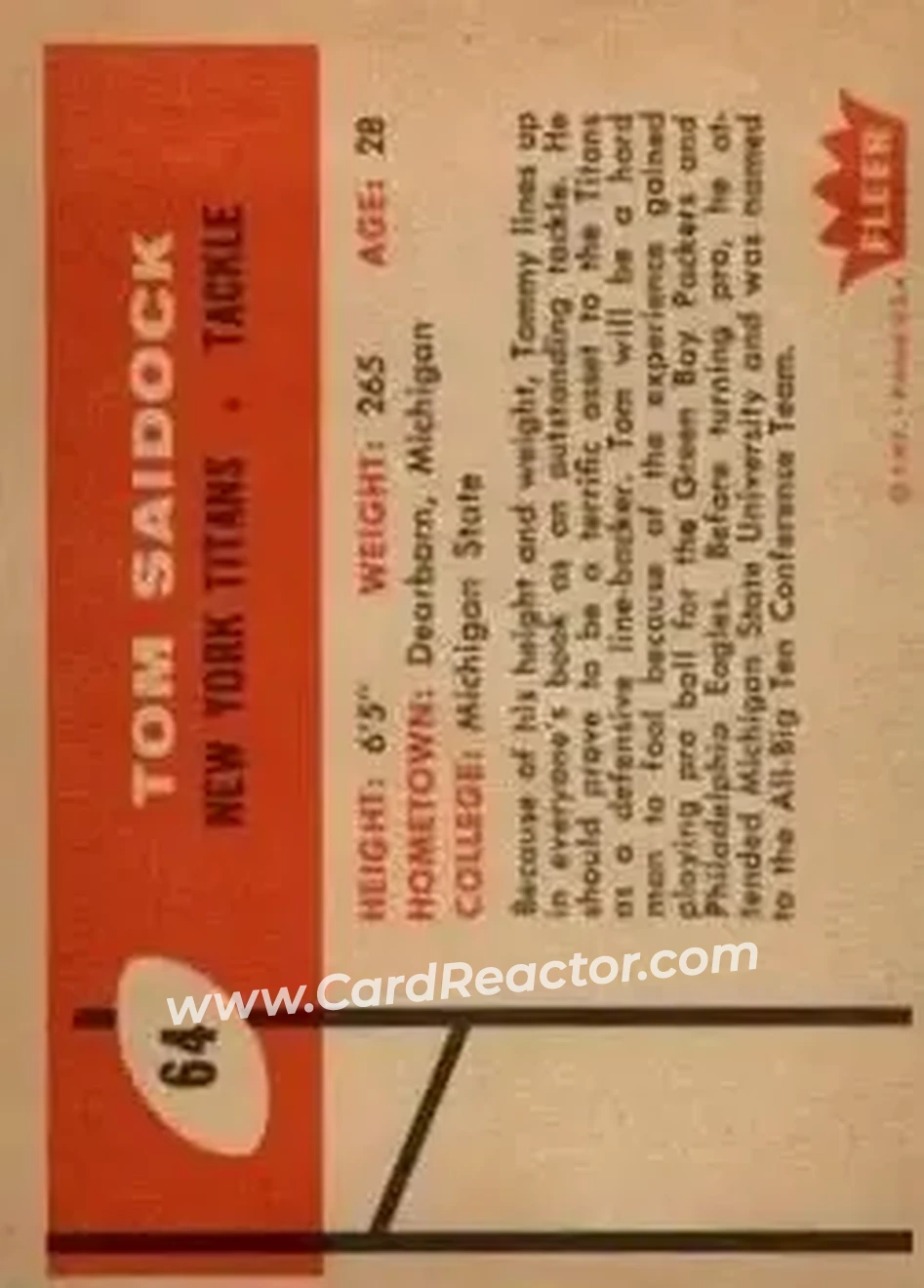 1960 Fleer #64 - Tom Saidock - New York Titans - Back