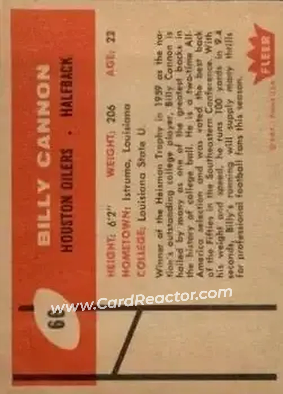1960 Fleer #66 - Billy Cannon - Houston Oilers - Back