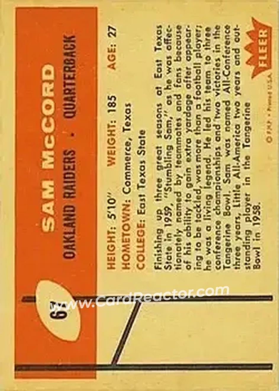 1960 Fleer #67 - Sam McCord - Oakland Raiders - Back