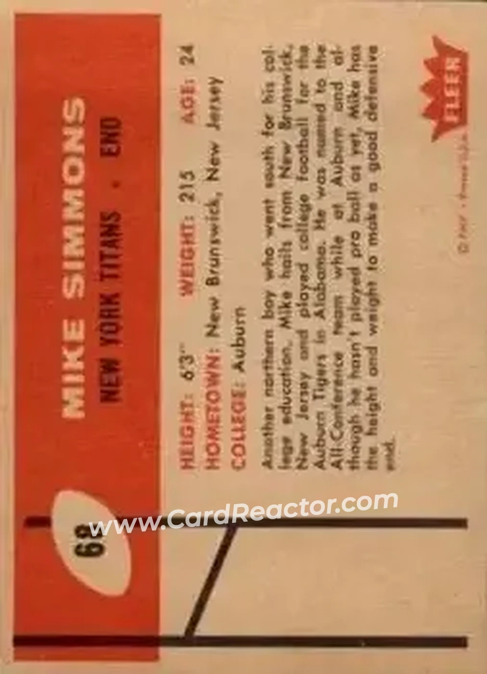 1960 Fleer #68 - Mike Simmons - New York Titans - Back