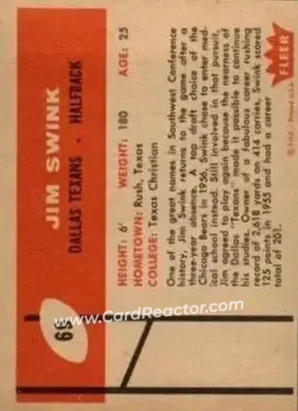 1960 Fleer #69 - Jim Swink - Dallas Texans - Back