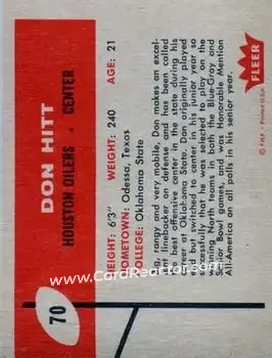 1960 Fleer #70 - Don Hitt - Houston Oilers - Back 1960 Fleer #70 - Don Hitt - Houston Oilers - Back