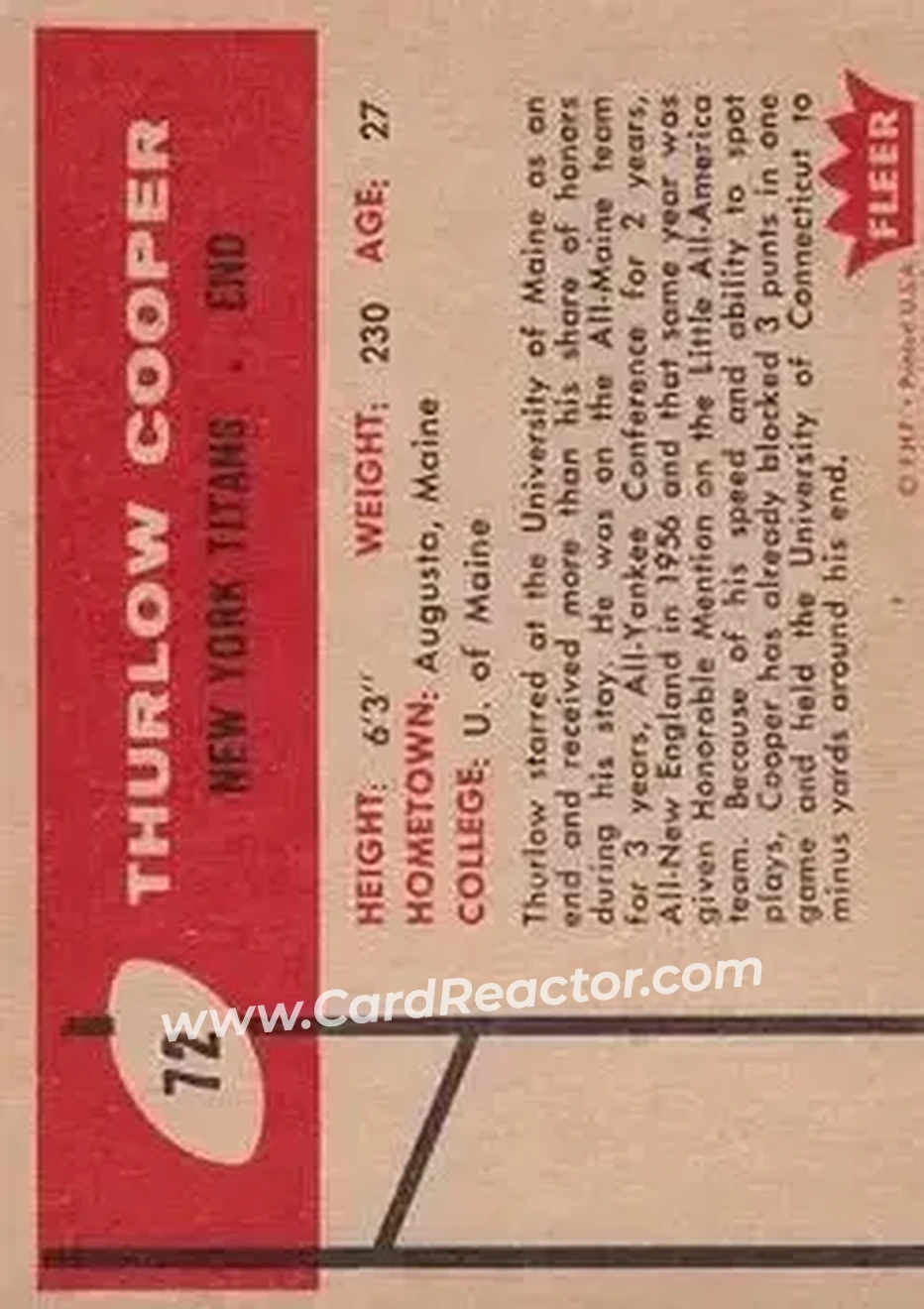 1960 Fleer #72 - Thurlow Cooper - New York Titans - Back
