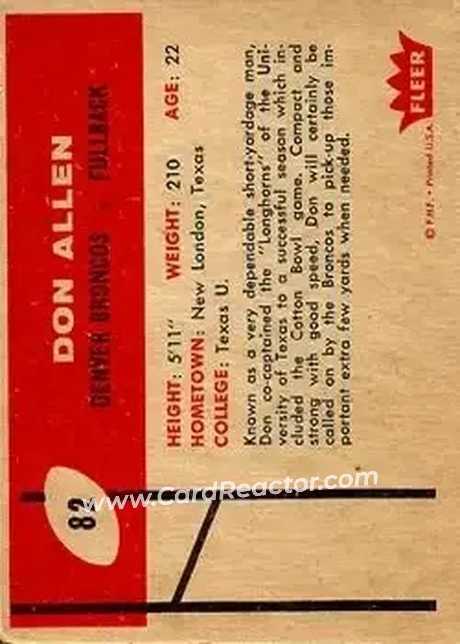 1960 Fleer #82 - Don Allen - Denver Broncos - Back 1960 Fleer #82 - Don Allen - Denver Broncos - Back
