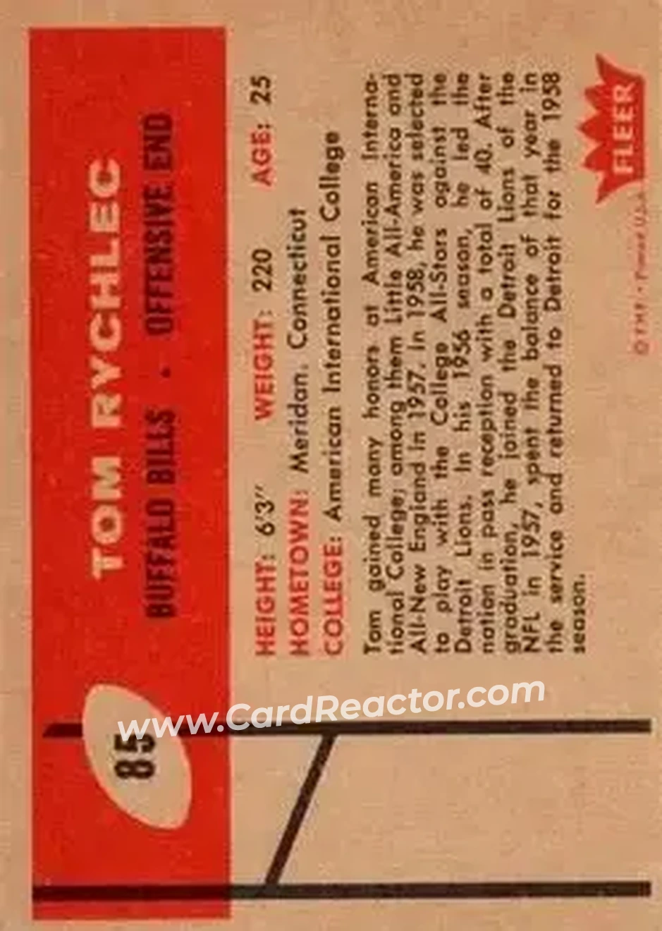 1960 Fleer #85 - Tom Rychlec - Buffalo Bills - Back