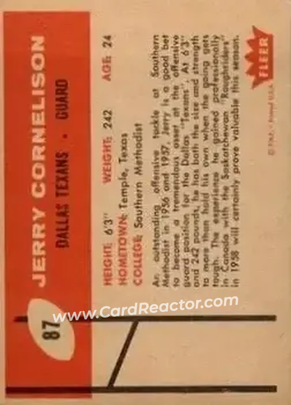 1960 Fleer #87 - Jerry Cornelison - Dallas Texans - Back