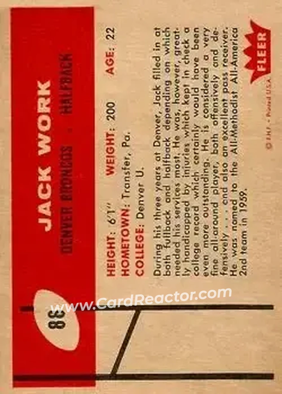 1960 Fleer #88 - Jack Work - Denver Broncos - Back