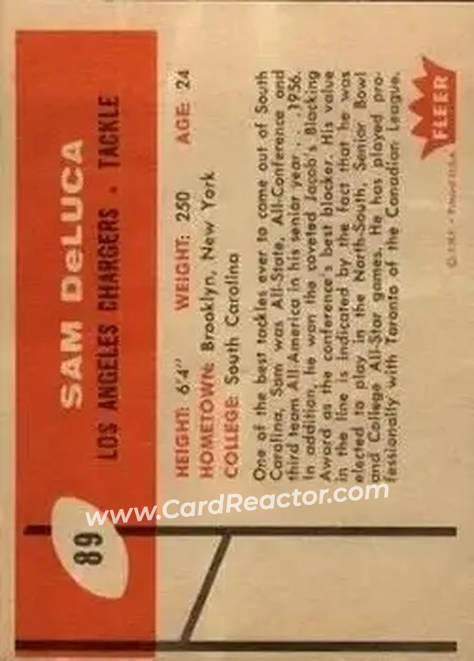 1960 Fleer #89 - Sam DeLuca - Los Angeles Chargers - Back