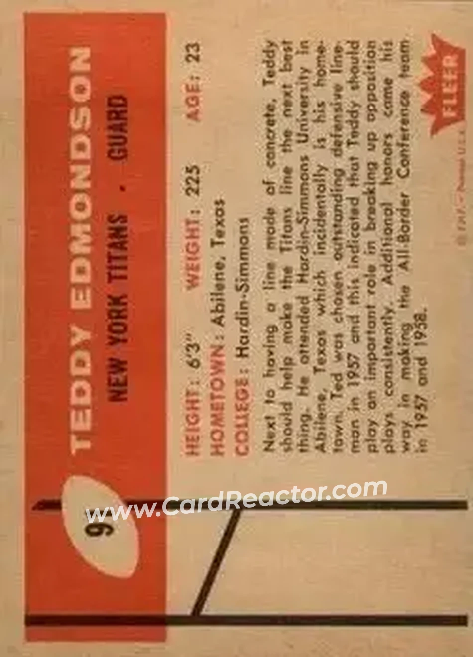 1960 Fleer #91 - Teddy Edmondson - New York Titans - Back