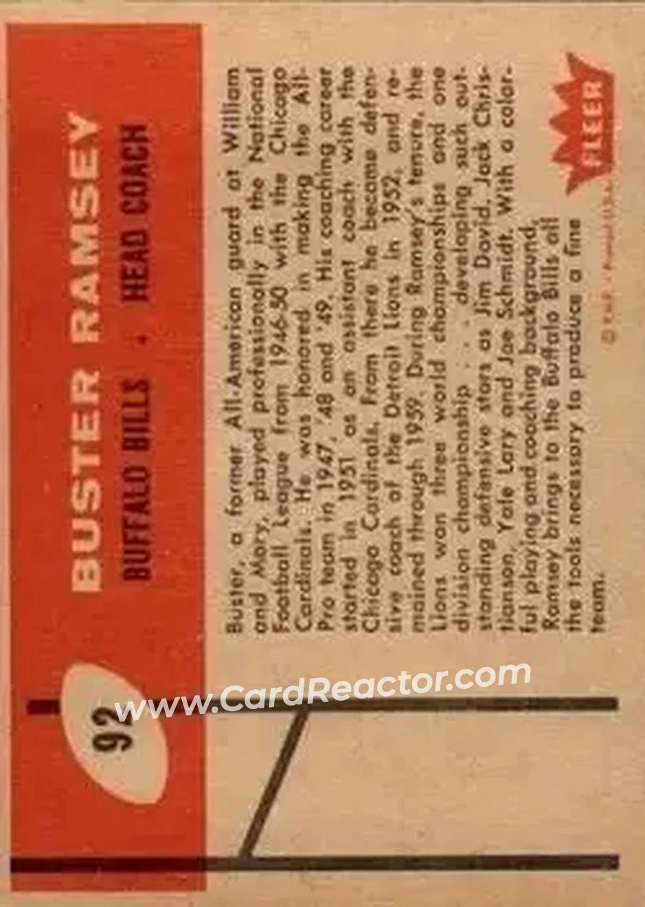 1960 Fleer #92 - Buster Ramsey - Buffalo Bills - Back