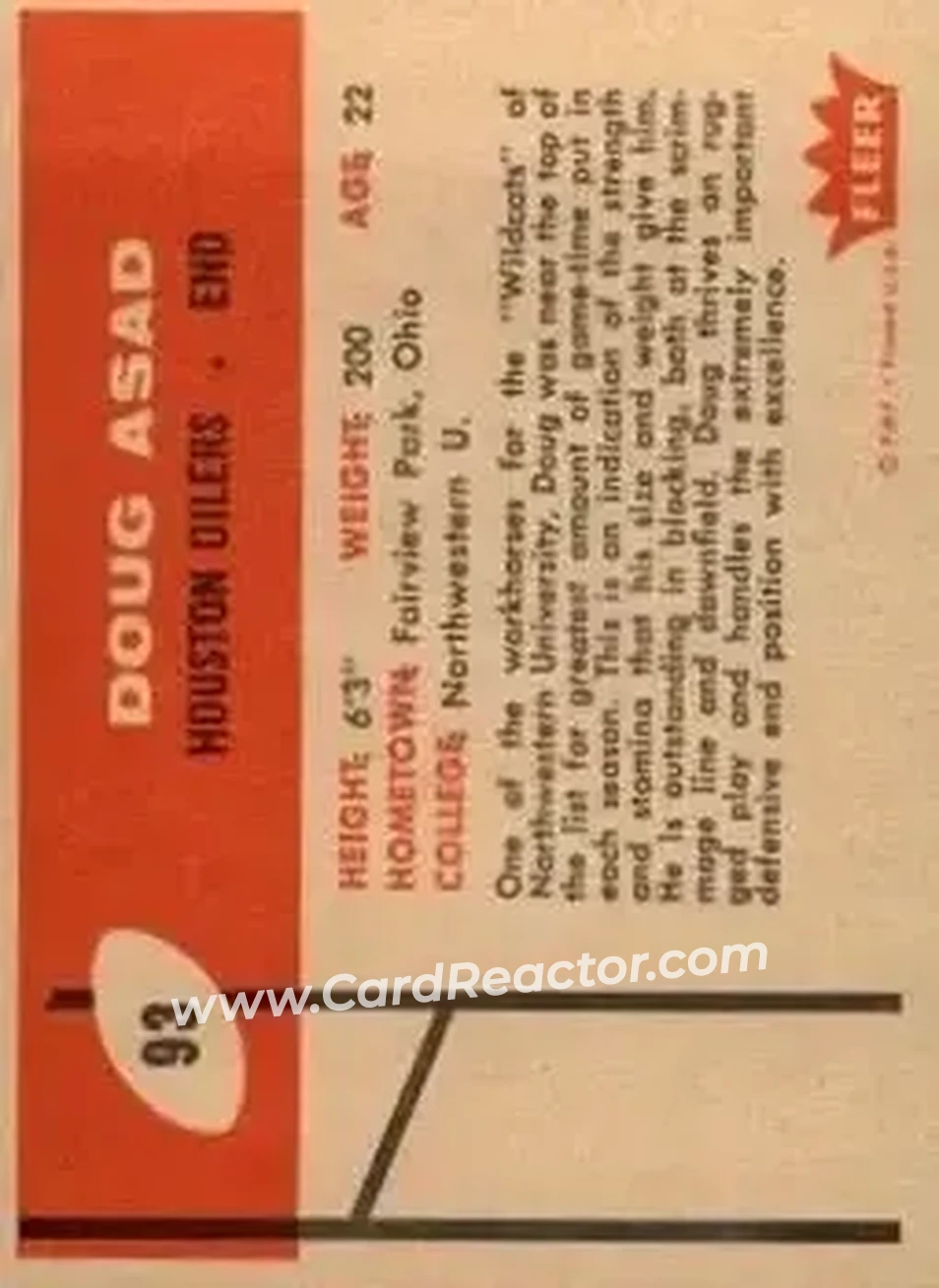 1960 Fleer #93 - Doug Asad - Houston Oilers - Back