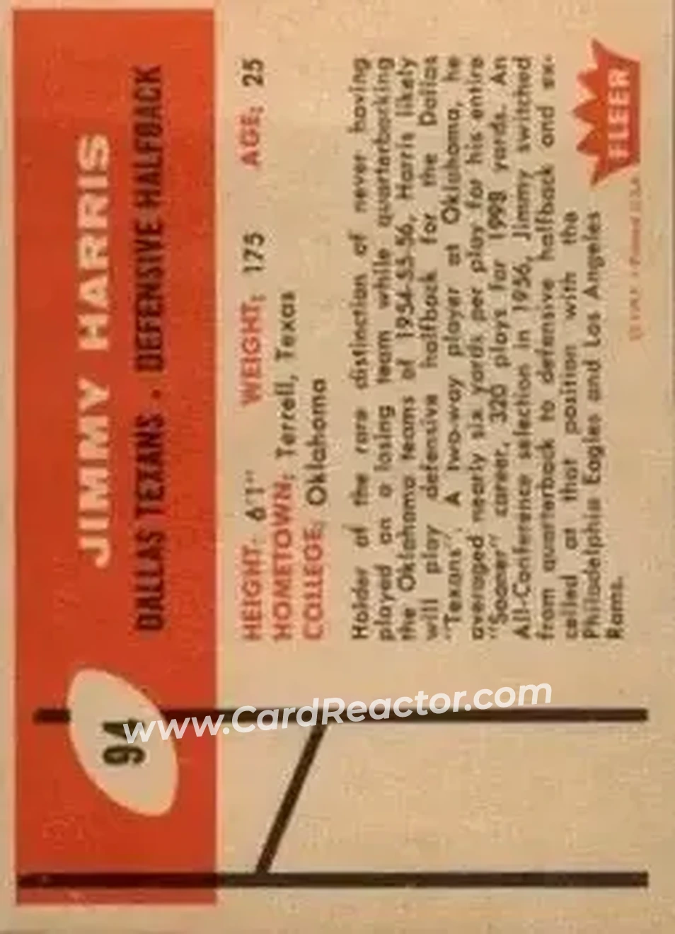 1960 Fleer #94 - Jimmy Harris - Dallas Texans - Back