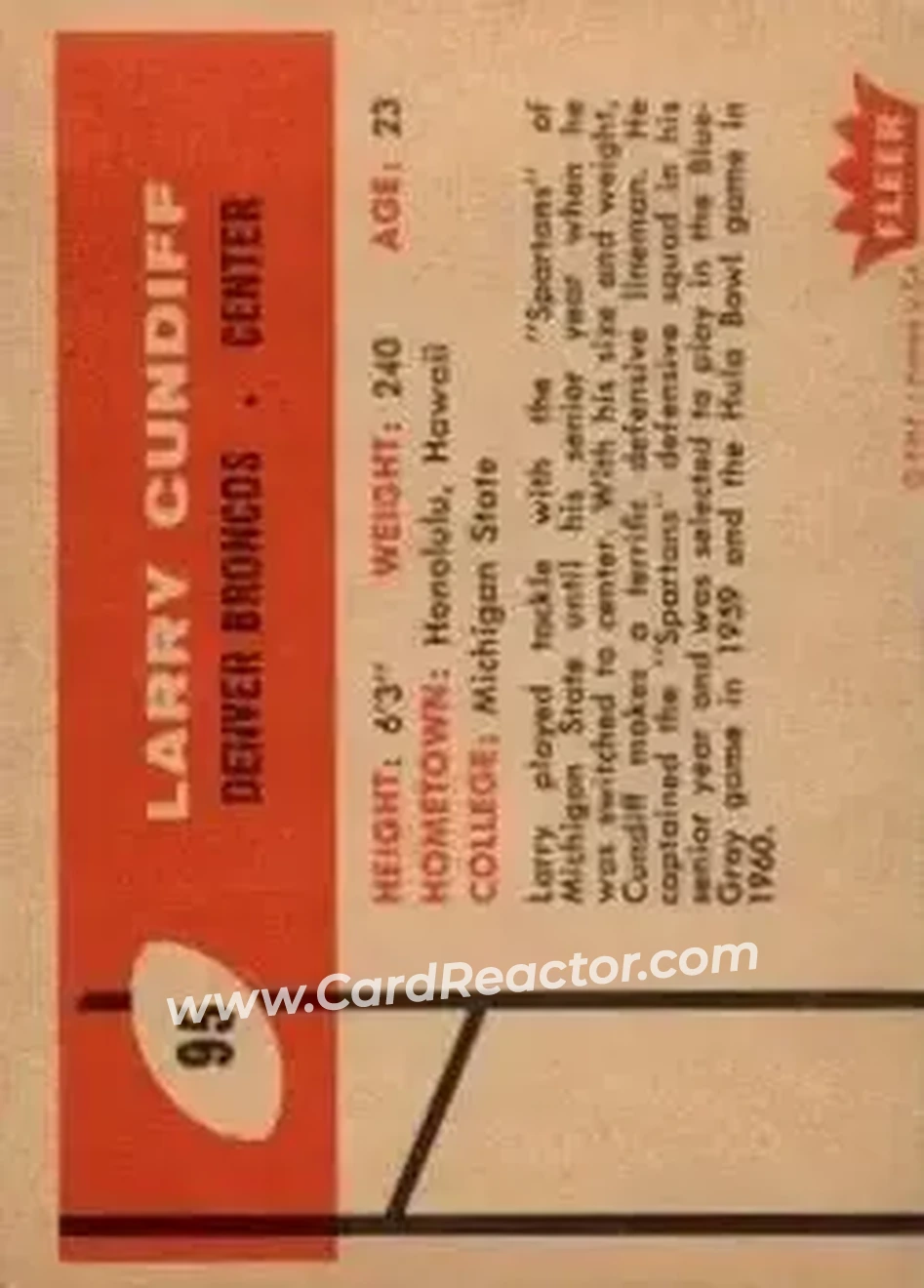 1960 Fleer #95 - Larry Cundiff - Denver Broncos - Back