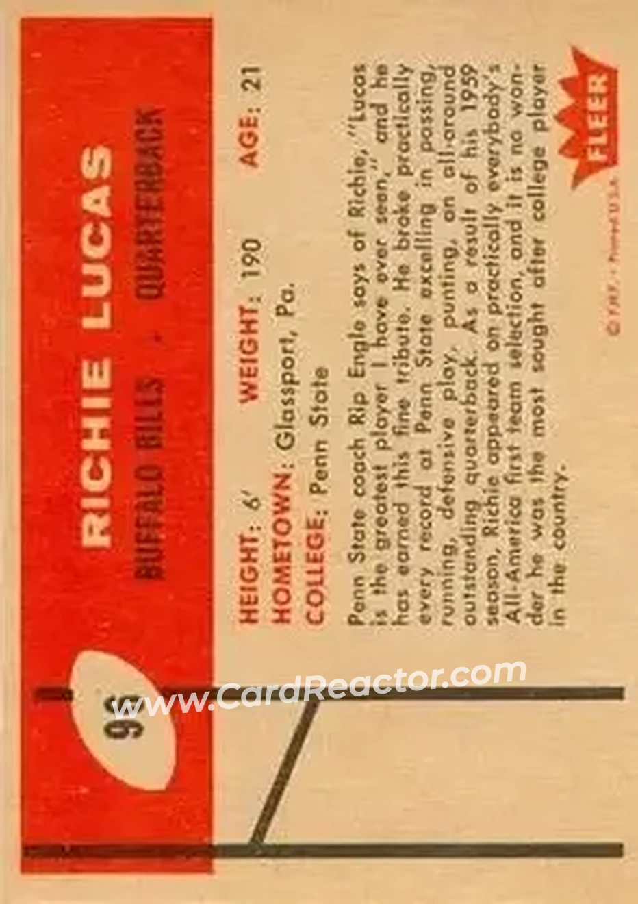 1960 Fleer #96 - Richie Lucas - Buffalo Bills - Back