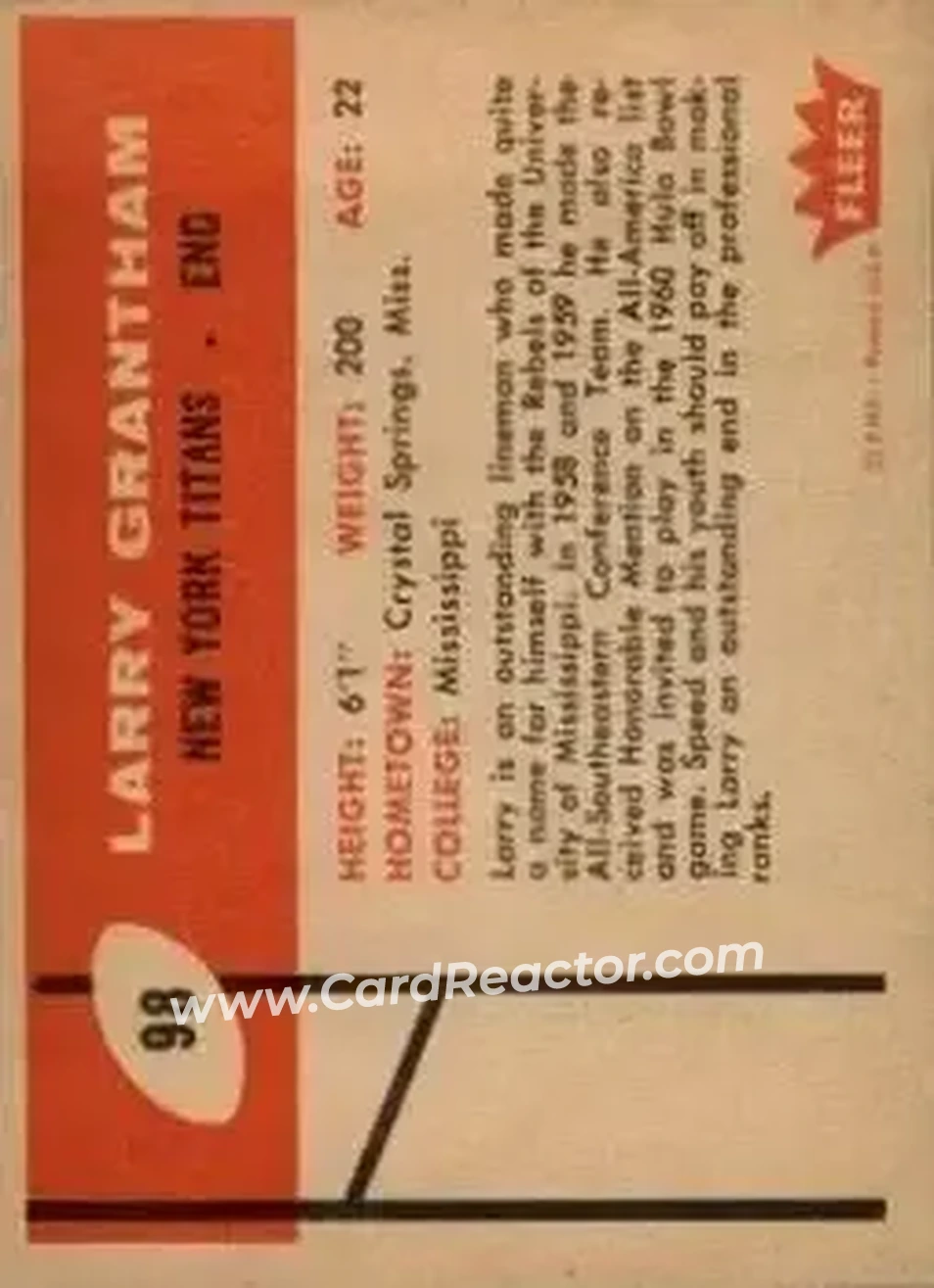 1960 Fleer #98 - Larry Grantham - New York Titans - Back