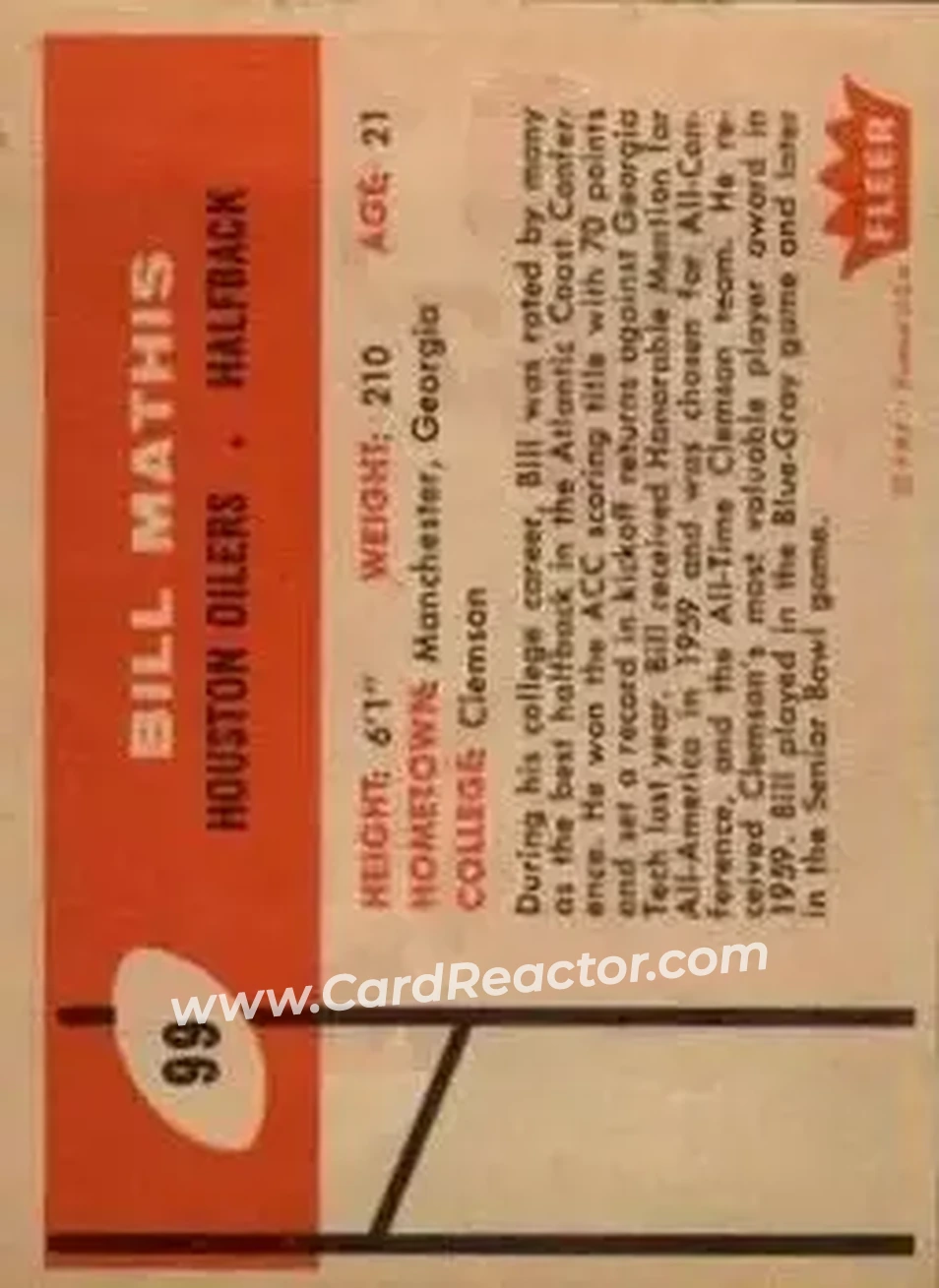 1960 Fleer #99 - Bill Mathis - Houston Oilers - Back