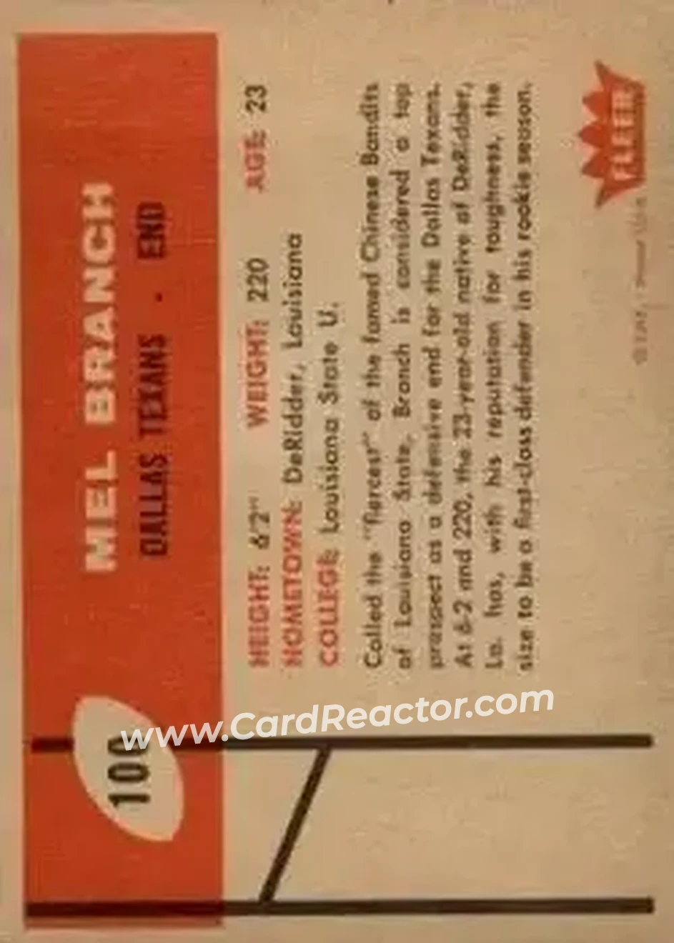 1960 Fleer #100 - Mel Branch - Dallas Texans - Back