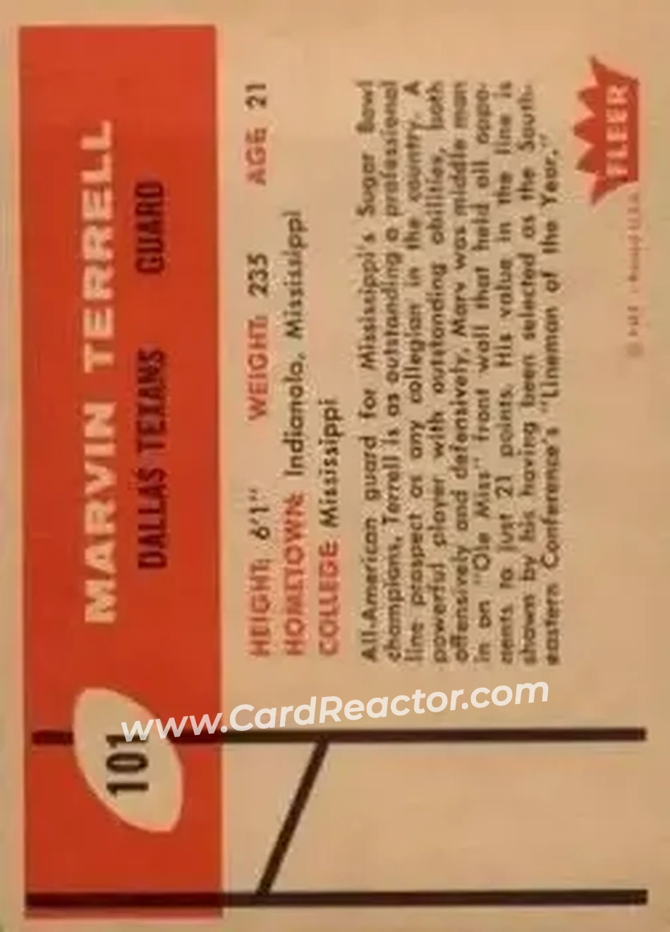 1960 Fleer #101 - Marvin Terrell - Dallas Texans - Back