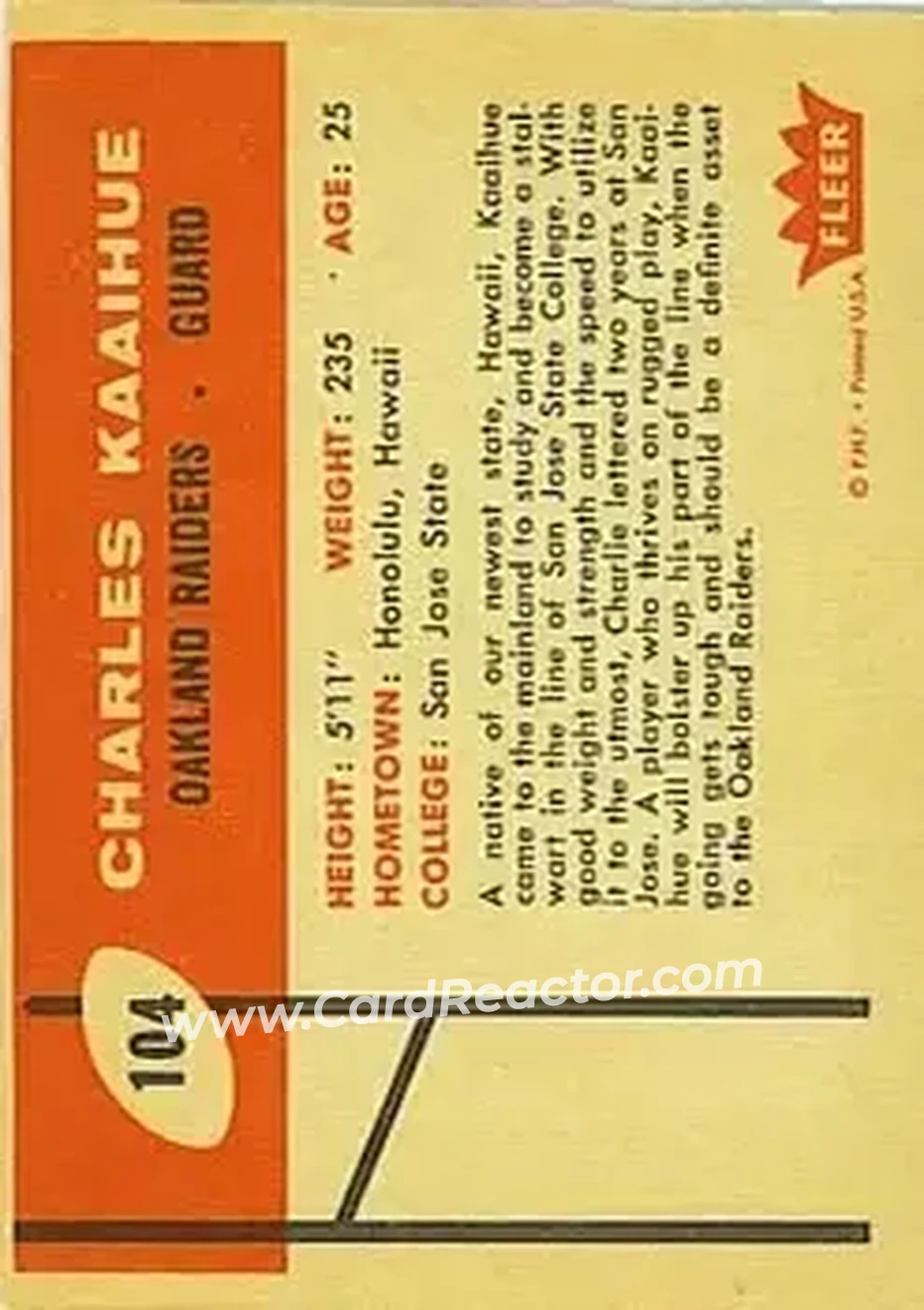 1960 Fleer #104 - Charlie Kaaihue - Oakland Raiders - Back 1960 Fleer #104 - Charlie Kaaihue - Oakland Raiders - Back