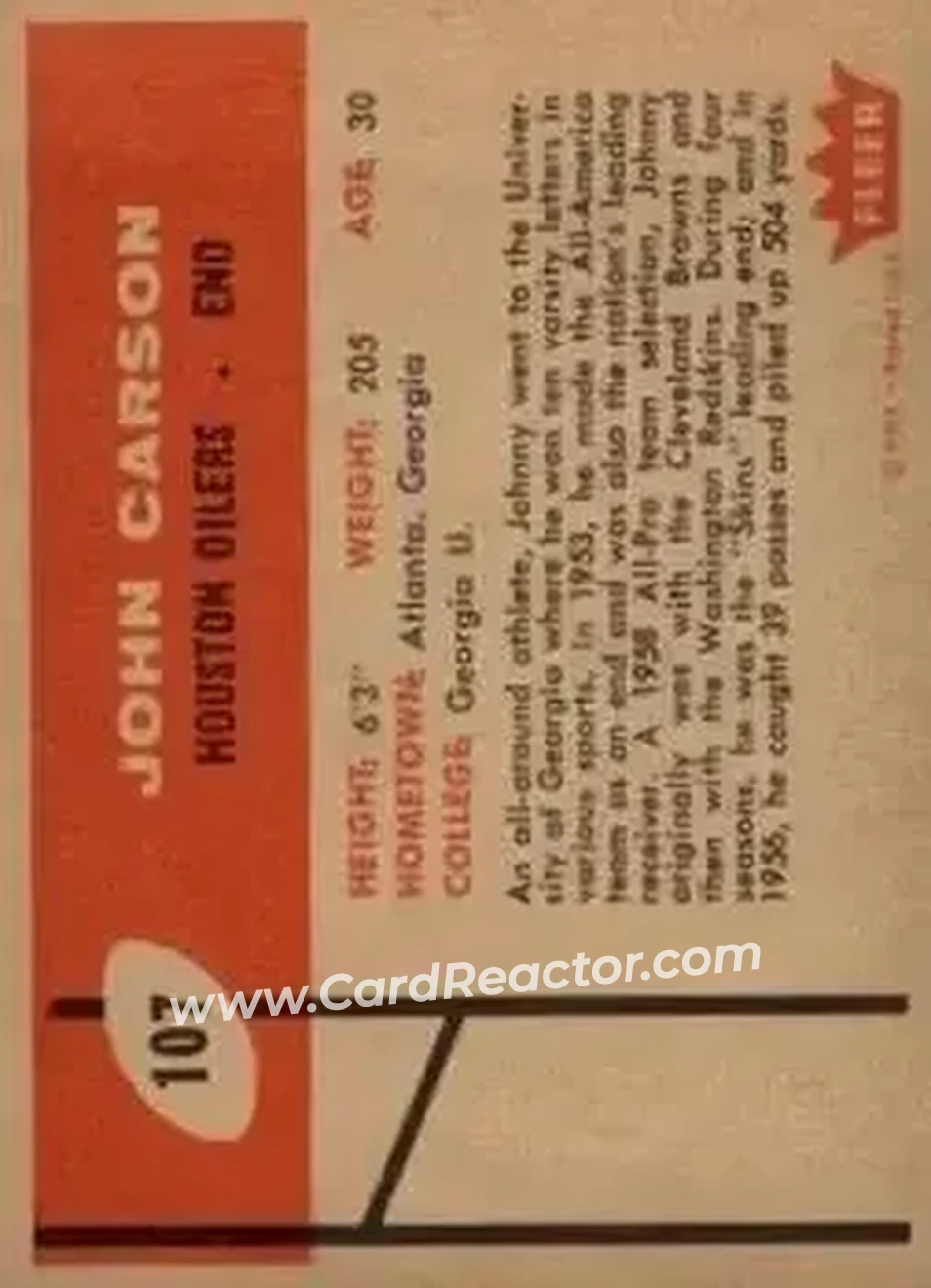 1960 Fleer #107 - John Carson - Houston Oilers - Back