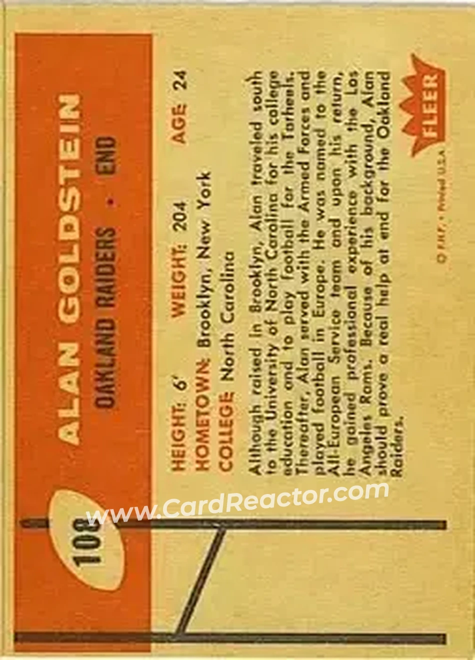 1960 Fleer #108 - Alan Goldstein - Oakland Raiders - Back