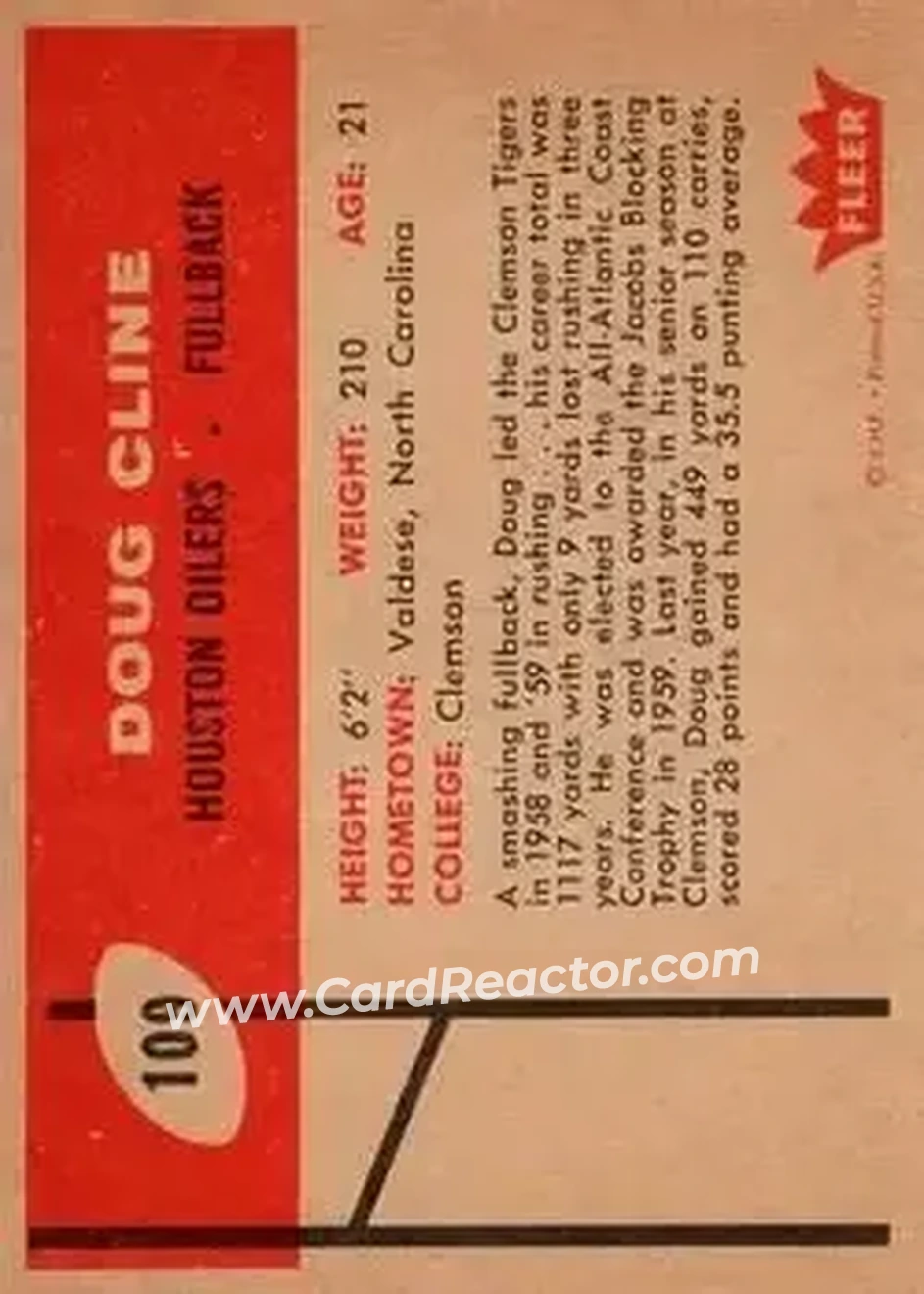 1960 Fleer #109 - Doug Cline - Houston Oilers - Back