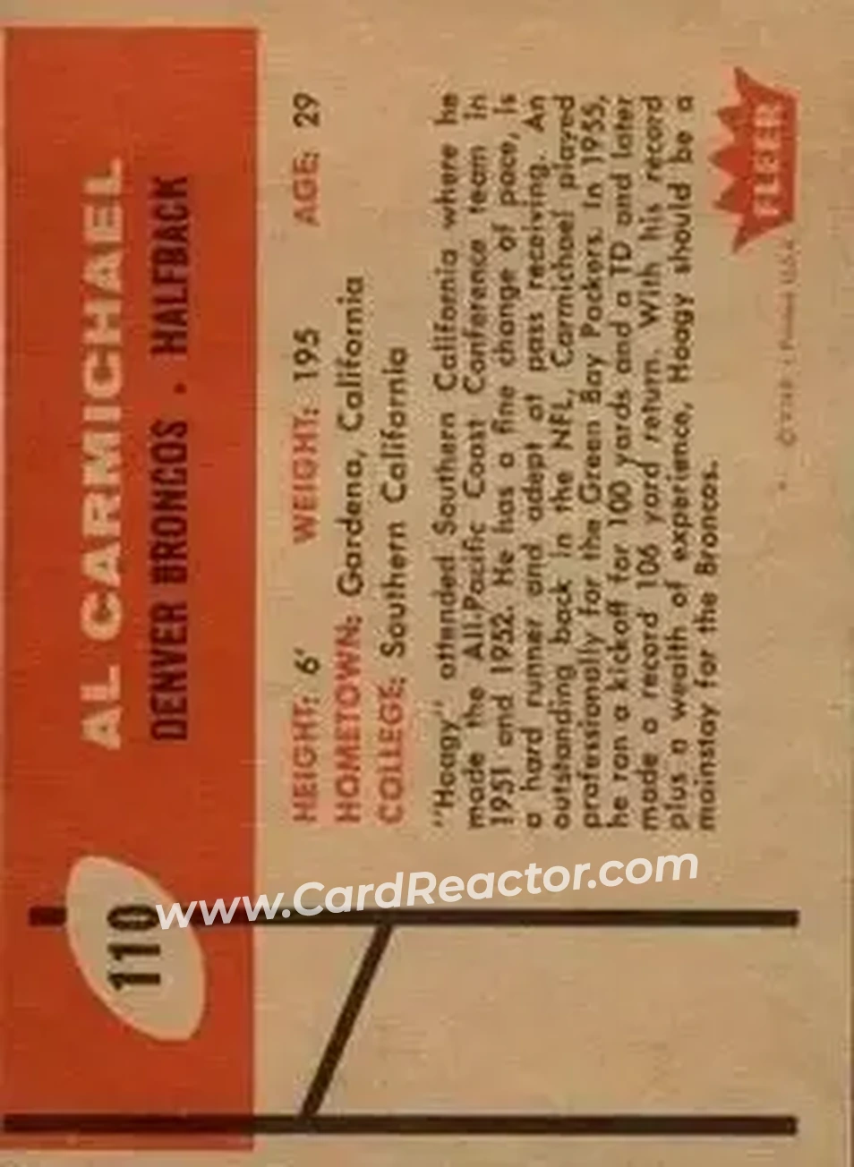 1960 Fleer #110 - Al Carmichael - Denver Broncos - Back