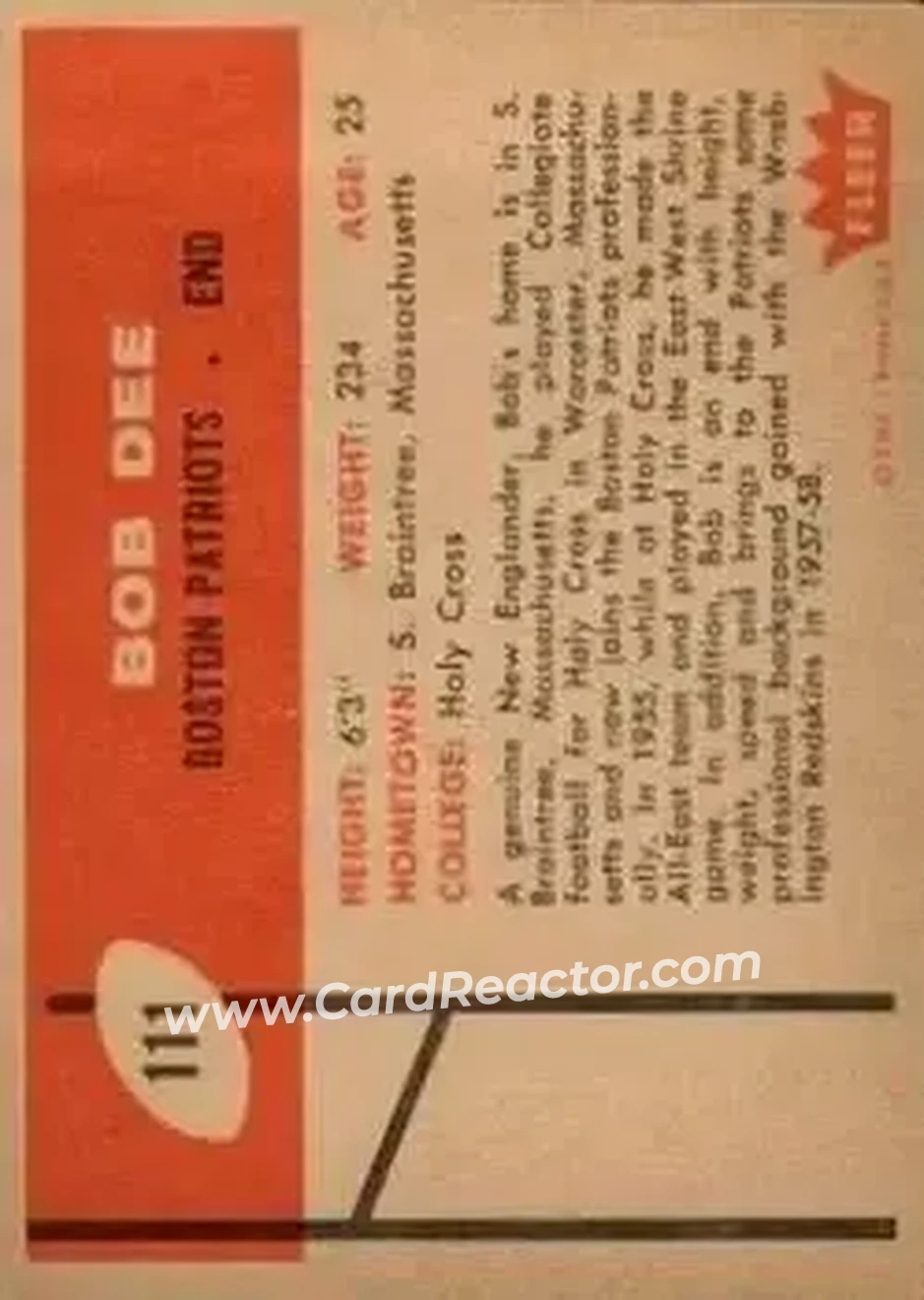 1960 Fleer #111 - Bob Dee - Boston Patriots - Back