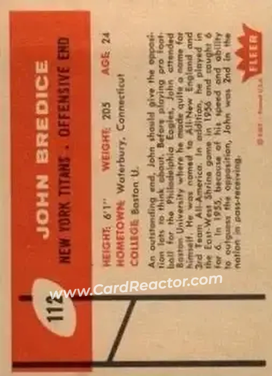 1960 Fleer #112 - John Bredice - New York Titans - Back