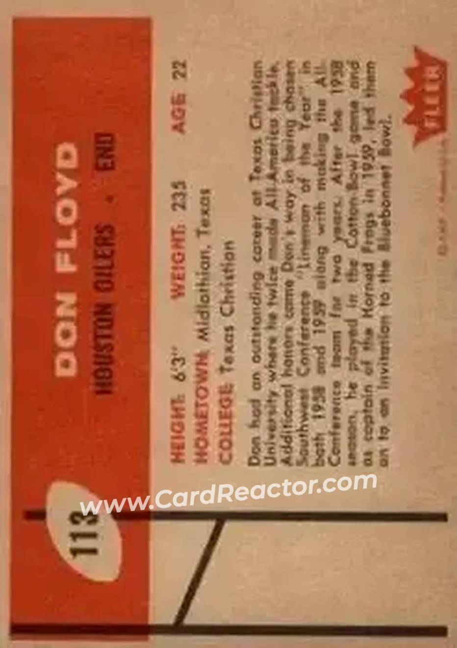 1960 Fleer #113 - Don Floyd - Houston Oilers - Back