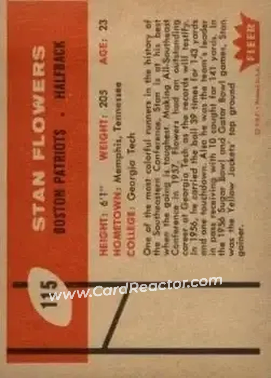 1960 Fleer #115 - Stan Flowers - Boston Patriots - Back