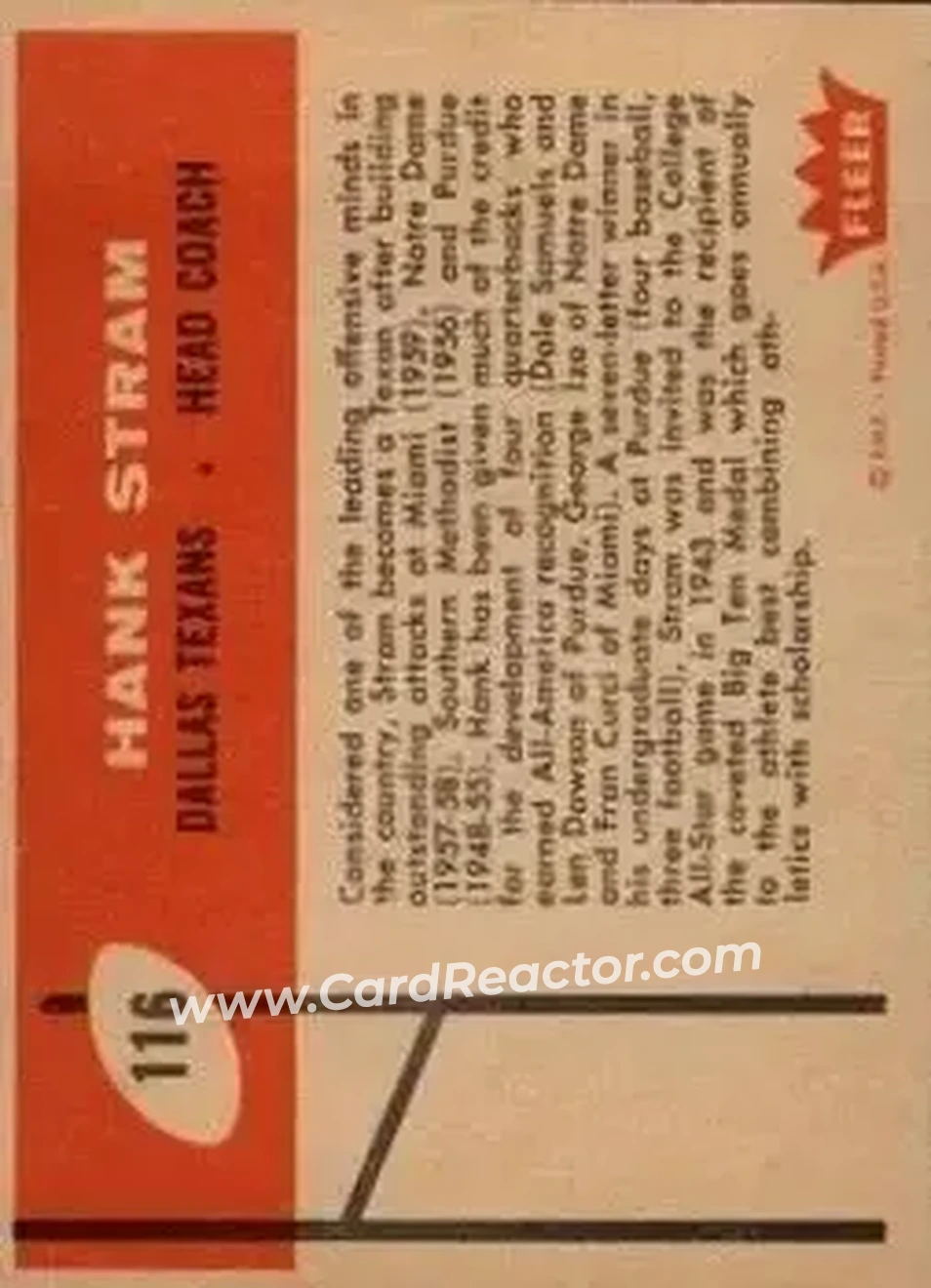 1960 Fleer #116 - Hank Stram - Dallas Texans - Back 1960 Fleer #116 - Hank Stram - Dallas Texans - Back