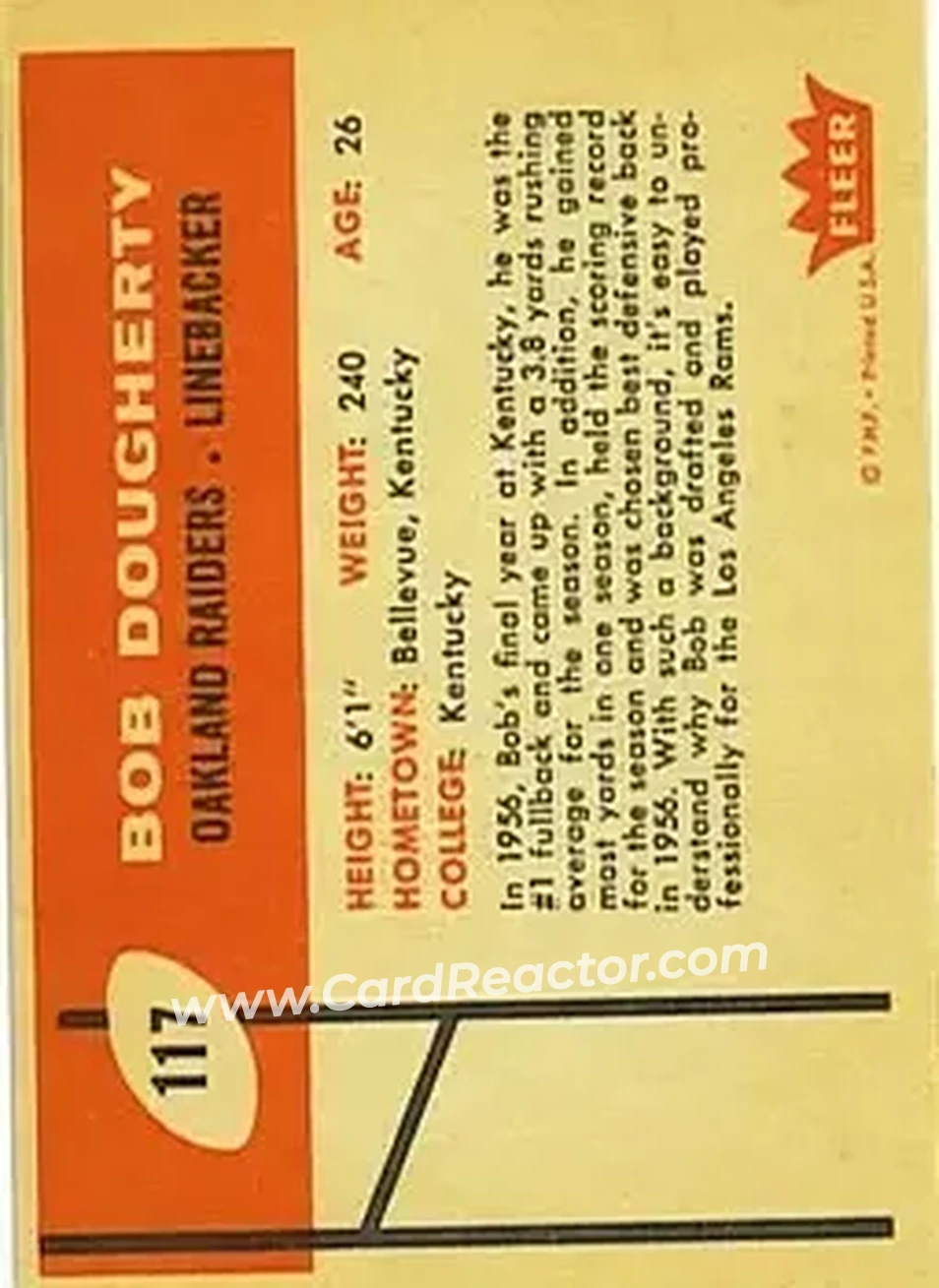 1960 Fleer #117 - Bob Dougherty - Oakland Raiders - Back