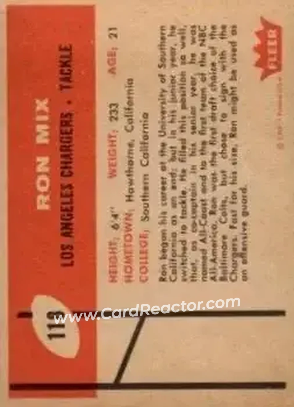 1960 Fleer #118 - Ron Mix - Los Angeles Chargers - Back 1960 Fleer #118 - Ron Mix - Los Angeles Chargers - Back