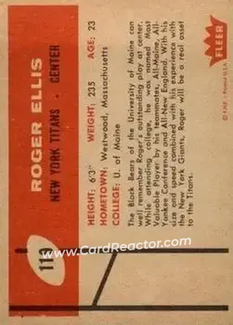 1960 Fleer #119 - Roger Ellis - New York Titans - Back
