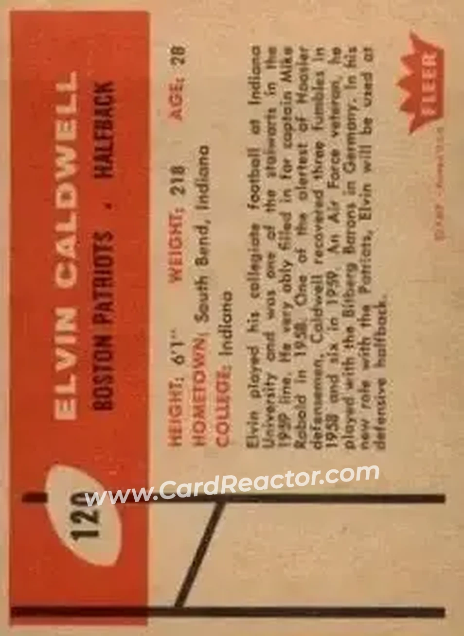 1960 Fleer #120 - Elvin Caldwell - Boston Patriots - Back